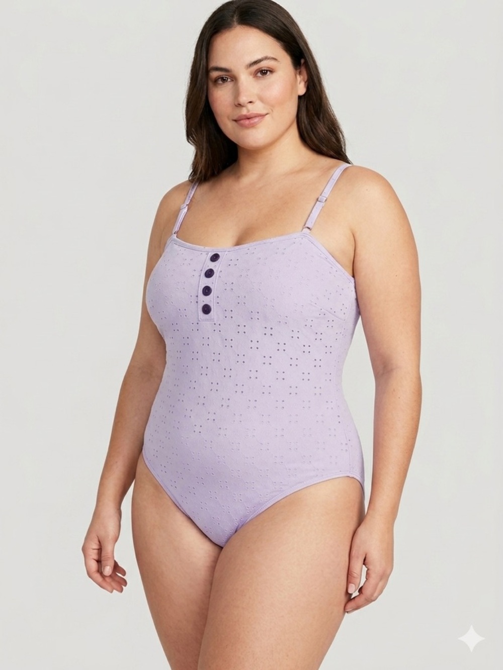 Lavender Eyelet Pointelle One Piece Swimsuit Button Front Ruffle Back 2X NWT - Picture 1 of 6